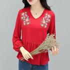 Embroidered V-neck Long-sleeve Top
