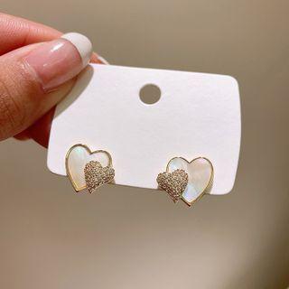 Heart Shell Rhinestone Earring 1 Pair - Earrings - Silver - Shell & Rhinestone - Love Heart - White - One Size