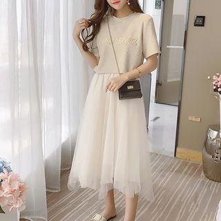 Set: Letter Embroidered Short-sleeve T-shirt + Mesh Skirt