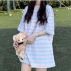 Striped Elbow-sleeve T-shirt Stripe - Pink - One Size