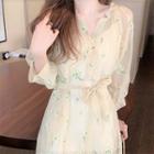 Set: Long-sleeve Floral Midi A-line Dress + Slipdress White & Green - One Size