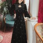 Long-sleeve Cut Out Floral Midi A-line Dress