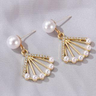 Fan Rhinestone Faux Pearl Dangle Earring 01 - 1 Pair - Gold - One Size