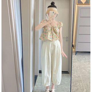 Cap-sleeve Floral Top / High Waist Wide Leg Pants / Set