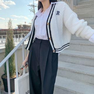 Letter-patch Cable-detail Cropped Cardigan