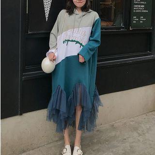 Mesh Panel Color Block Hoodie Dress