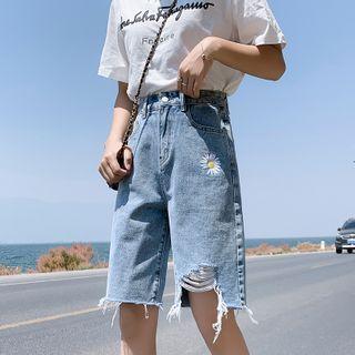 Flower Embroidered High-waist Denim Straight-cut Shorts