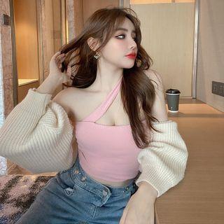 Halter-neck Knit Crop Top / Puff-sleeve Cardigan