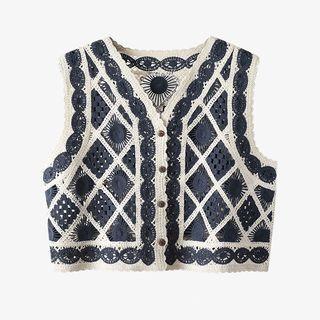 Argyle Single-breasted Crochet Vest
