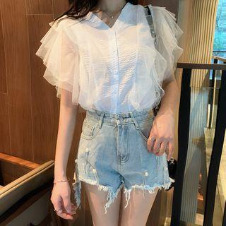 Sleeveless Layered Chiffon Top / Faux Pearl Shorts