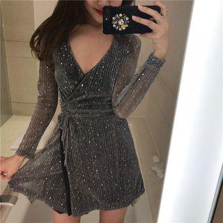 Glitter Long-sleeve A-line Dress