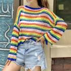 Set: Striped Pointelle Knit Sweater + Cropped Camisole Rainbow Stripe - One Size