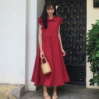 Frill Trim Sleeveless Midi Shirtdress Red - One Size