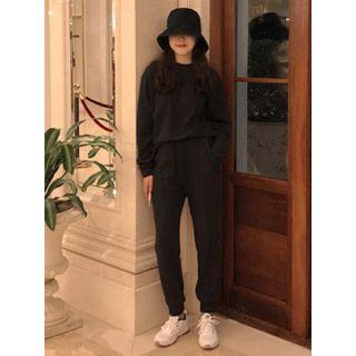 Set: Round-neck Plain Top + Band-waist Pants