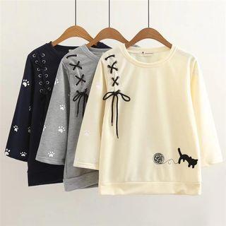 Cat Embroidered 3/4 Sleeve Pullover