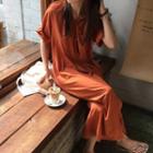 Lantern-sleeve Open-placket Tie-waist A-line Shirtdress