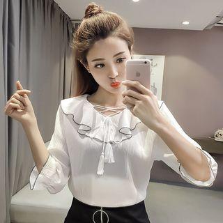 Tasseled Elbow-sleeve Ruffled Chiffon Top