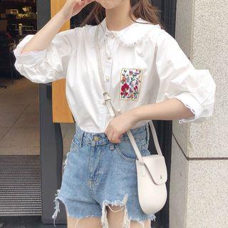 Elbow-sleeve Applique Shirt White - One Size