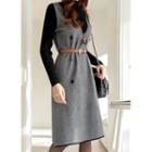 Inset Rib-knit Top Button-trim Jumper Dress With Belt
