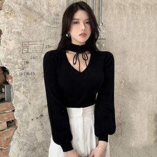 Cutout Lace-up High-neck Puff-sleeve Top