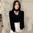 Cutout Lace-up High-neck Puff-sleeve Top