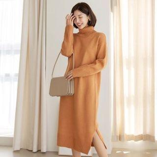 Turtle-neck Midi Sweater Dress Orange - One Size