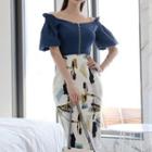 Set: Zip Detail Off-shoulder Blouse + Printed Pencil Skirt