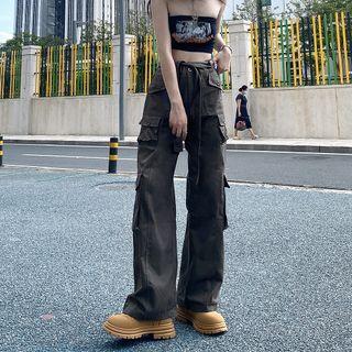 Mid Rise Distressed Wide Leg Cargo Pants