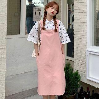 Elbow-sleeve Cat Print Shirt / Midi A-line Overall Dress