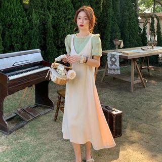 Short-sleeve Ruched Top / Midi A-line Pinafore Dress