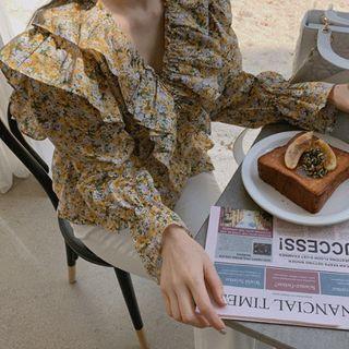 V-neck Frilled Floral Peplum Blouse