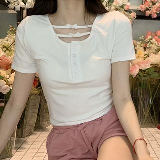 Short-sleeve Bow Henley T-shirt White - One Size