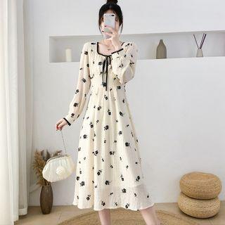 Long-sleeve Bow Floral A-line Dress