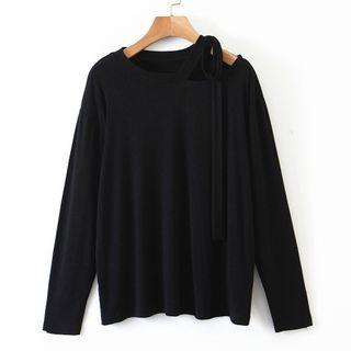 Ribbon Cut-out Long-sleeve T-shirt Black - One Size