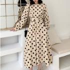Polka Dot Long-sleeve A-line Midi Dress Khaki - One Size