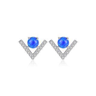 Sterling Silver Fashion Simple Geometric V-shaped Blue Imitation Opal Stud Earrings With Cubic Zirconia Silver - One Size