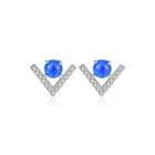 Sterling Silver Fashion Simple Geometric V-shaped Blue Imitation Opal Stud Earrings With Cubic Zirconia Silver - One Size