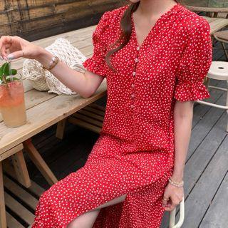 Half-placket Slit-hem Floral Print Dress