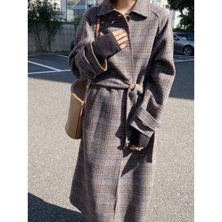 Single-breasted Checked Coat With Sash One Size