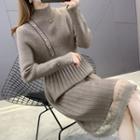 Long-sleeve Mock-neck Mesh Panel Knit Midi Dress