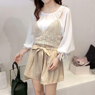 Set: V-neck Camisole Top + High Waist Wide-leg Shorts + Long-sleeve Chiffon Top