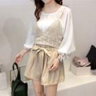 Set: V-neck Camisole Top + High Waist Wide-leg Shorts + Long-sleeve Chiffon Top