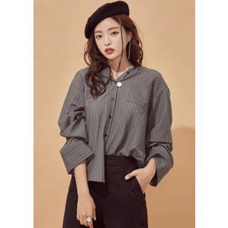 Wide-sleeve Hooded Pinstripe Shirt
