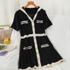 Short-sleeve Two-tone Knit Mini A-line Dress Black - One Size