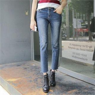 Fray-hem Cropped Straight-cut Jeans
