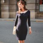 Long-sleeve V-neck Knit Sheath Dress