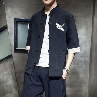 Short-sleeve Embroidered Frog-buttoned Linen Shirt