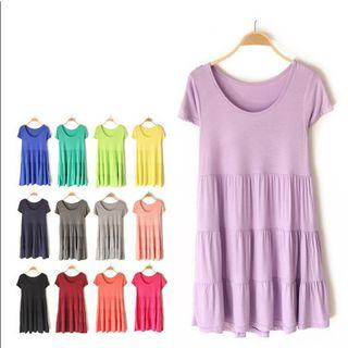 Plain Tiered Short-sleeve Dress