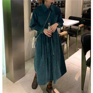 Long Sleeve Corduroy Shirtdress Green - One Size