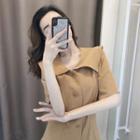 Elbow-sleeve Collared Button-up A-line Dress